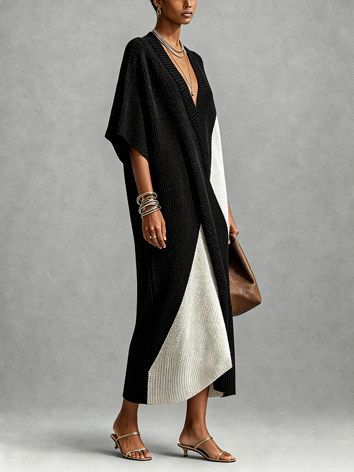Women's Knit Two-Tone Midi Dress Autumn Dressy Midi Dress
