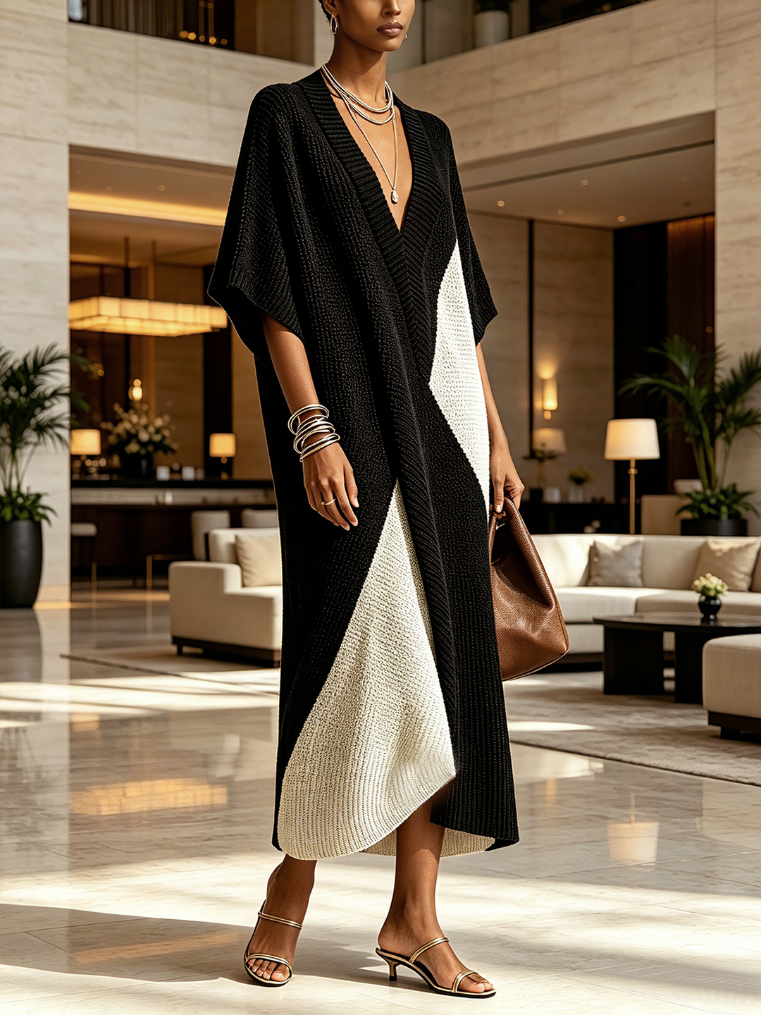 Women's Knit Two-Tone Midi Dress Autumn Dressy Midi Dress