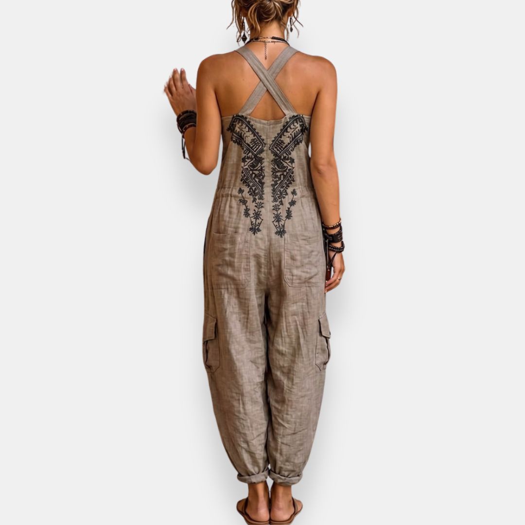 Women's Cotton Embroidered Wide-Leg Jumpsuit Autumn Casual Romper