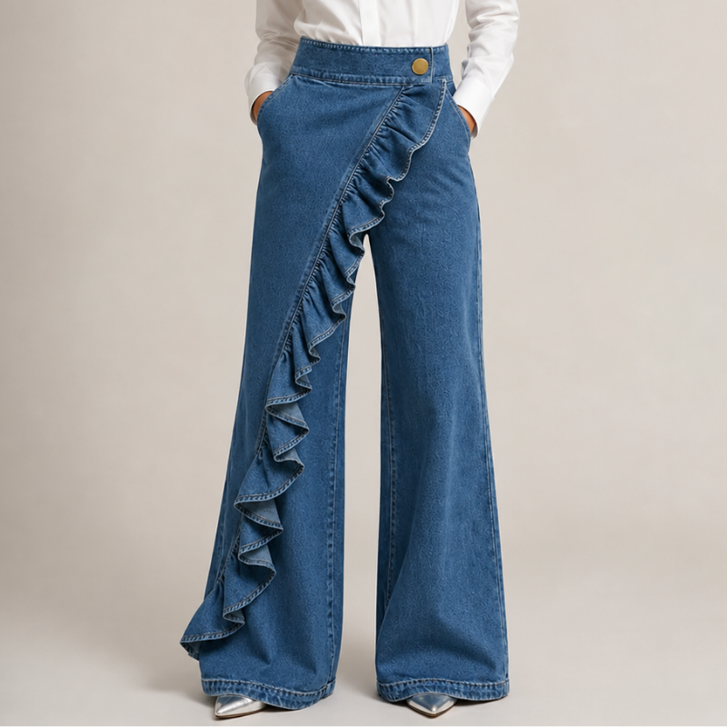 Women's Denim Ruffled Wide-Leg Jeans Autumn High-Waisted Trousers