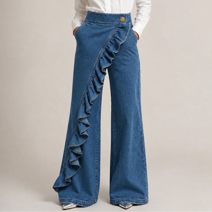 Women's Denim Ruffled Wide-Leg Jeans Autumn High-Waisted Trousers