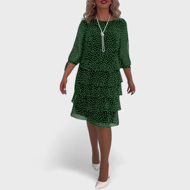 Women's Knit Polka Dot 3/4 Sleeve Midi Dress Autumn Casual Outfit