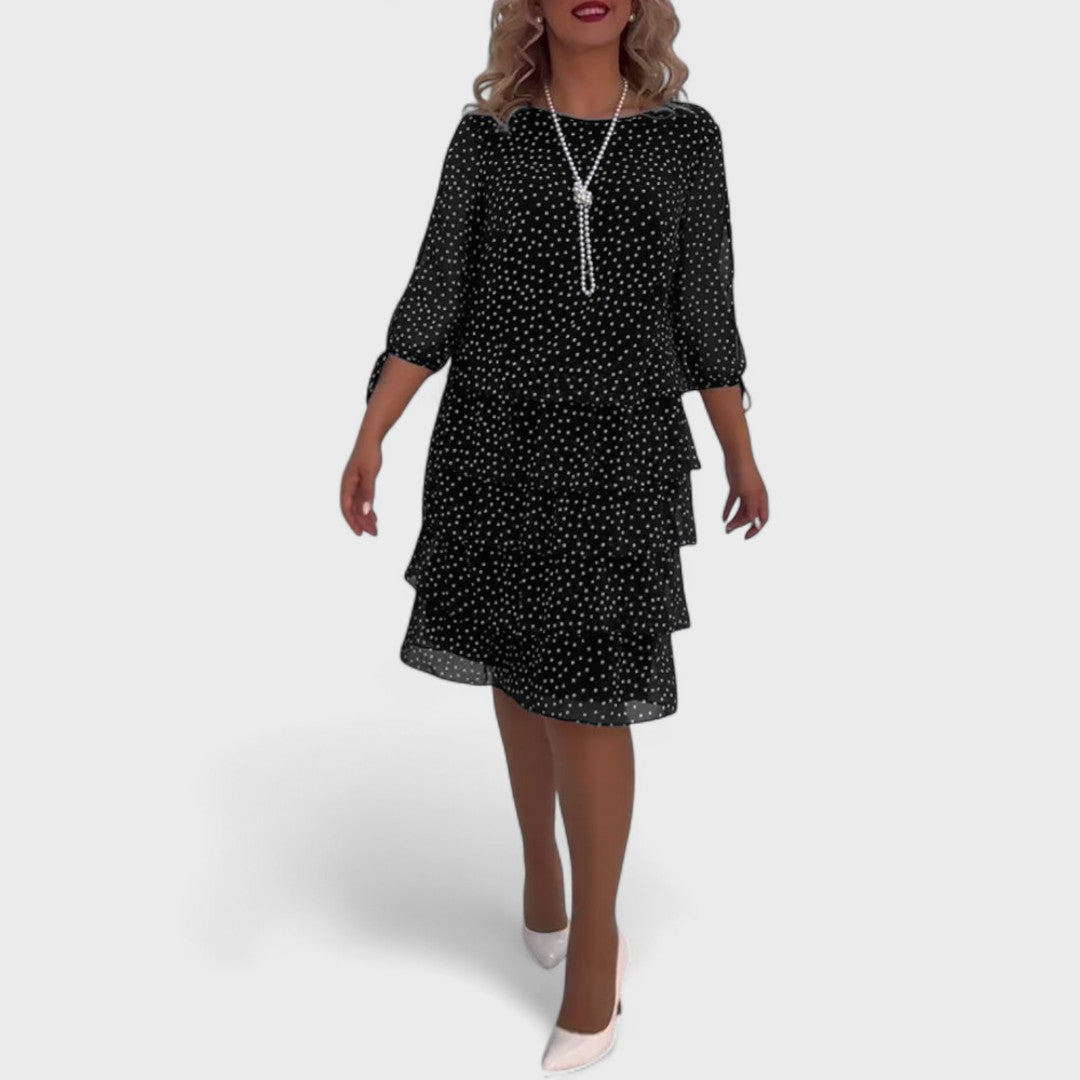 Women's Knit Polka Dot 3/4 Sleeve Midi Dress Autumn Casual Outfit