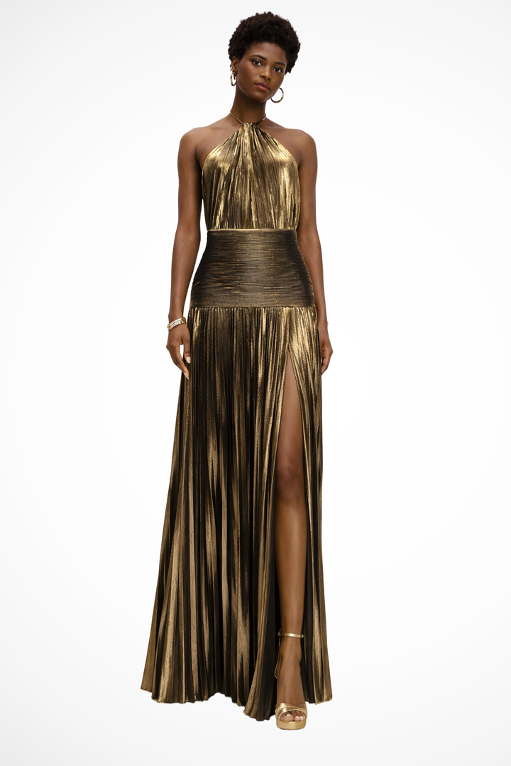 Women's Satin Pleated Maxi Dress with Halter Neck Formal Evening Autumn