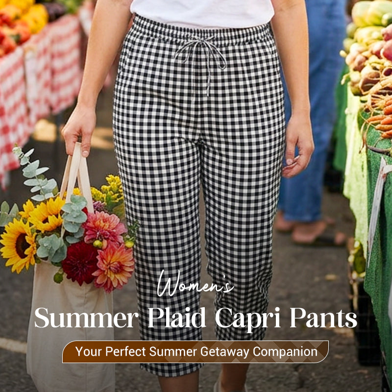 Women's Cotton Capri Pants Autumn Gingham Cropped Trousers