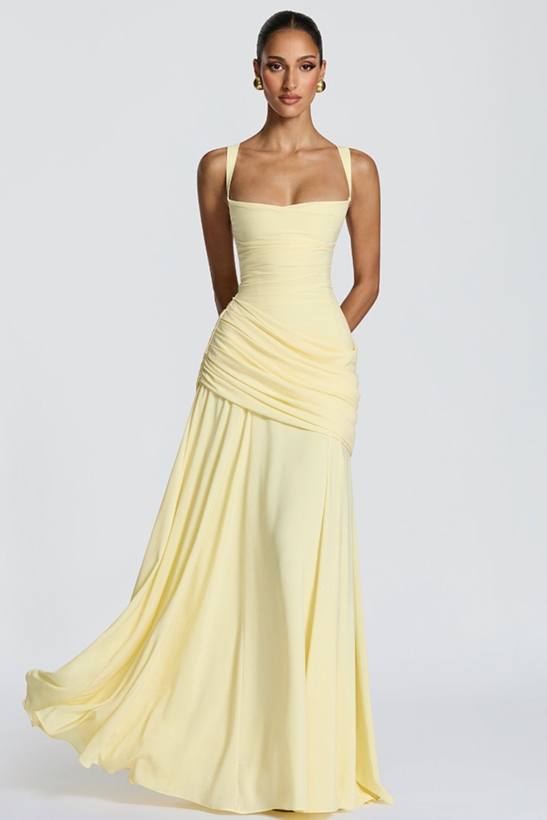 Maxi Dress for Women Fall Evening Dress with Square Neck Draped Waist and Crossed Back