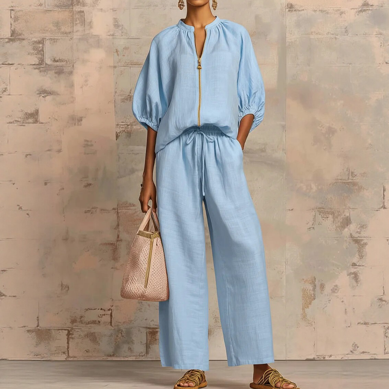 Women's Zip-Up Cotton Two-Piece Set Autumn Wide-Leg Lounge Set