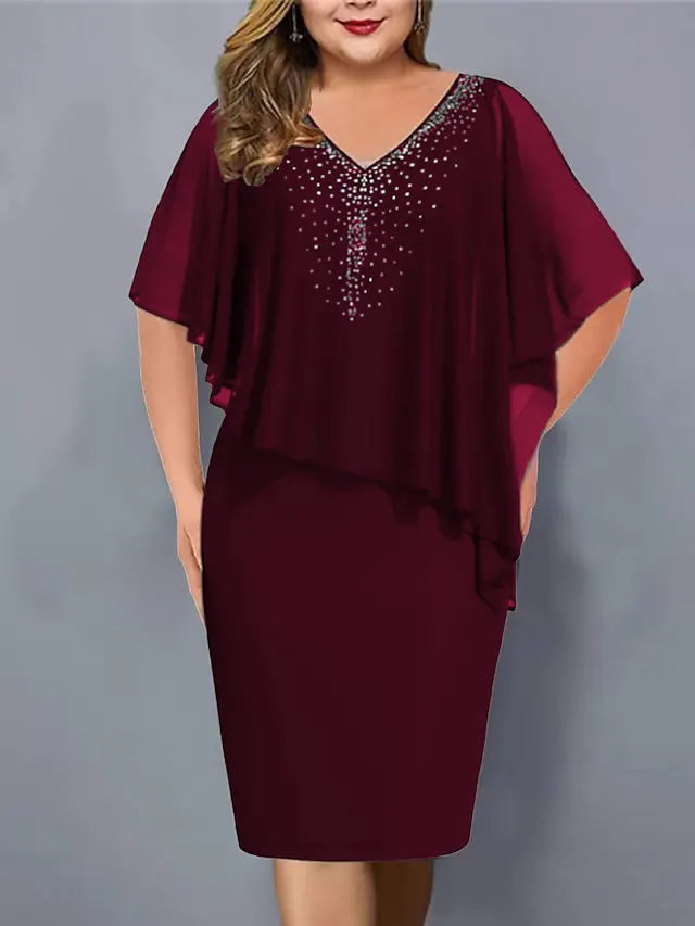 Women's Chiffon Cape Midi Dress Spring Rhinestone V Neck Bodycon Cocktail Party Dress