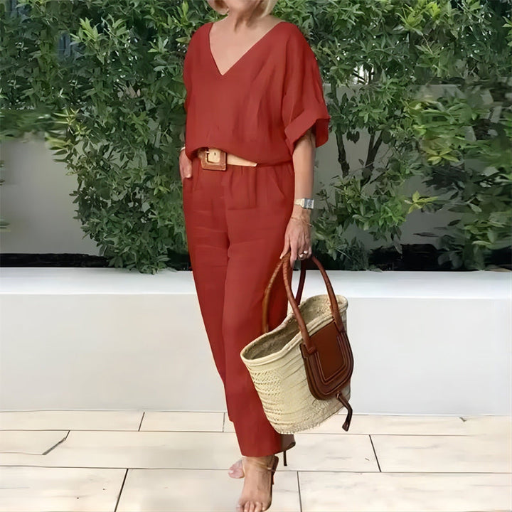 Women's Two Piece Set Spring Linen Look V-Neck Top and Straight Leg Pants Casual Outfit