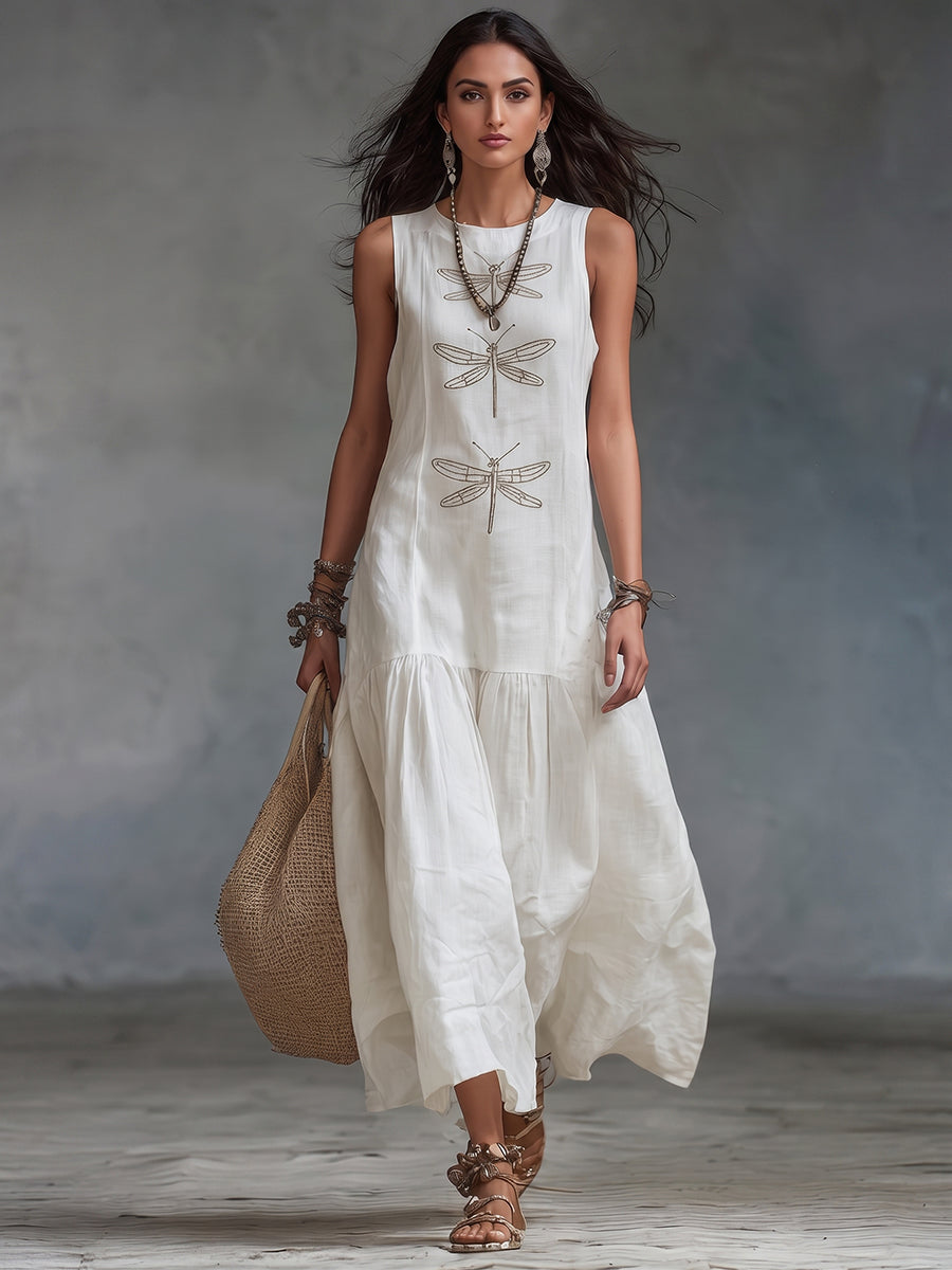 Women's Embroidered Cotton Linen Maxi Dress Autumn Casual Outfit