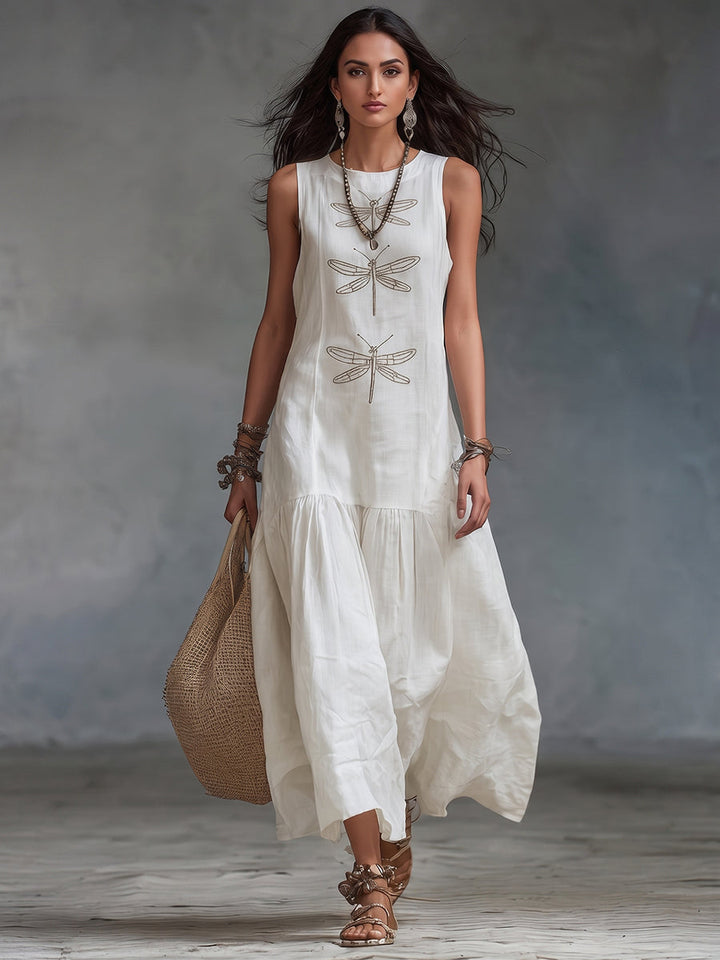 Women's Embroidered Cotton Linen Maxi Dress Autumn Casual Outfit