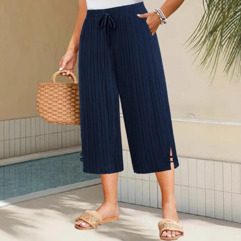 Women's Cotton Linen Wide Leg Cropped Pants Spring Drawstring Culottes Plus Size Trousers