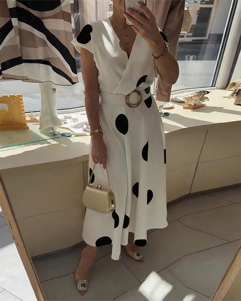 Women's Polka Dot V Neck Midi Dress Autumn Casual Dress