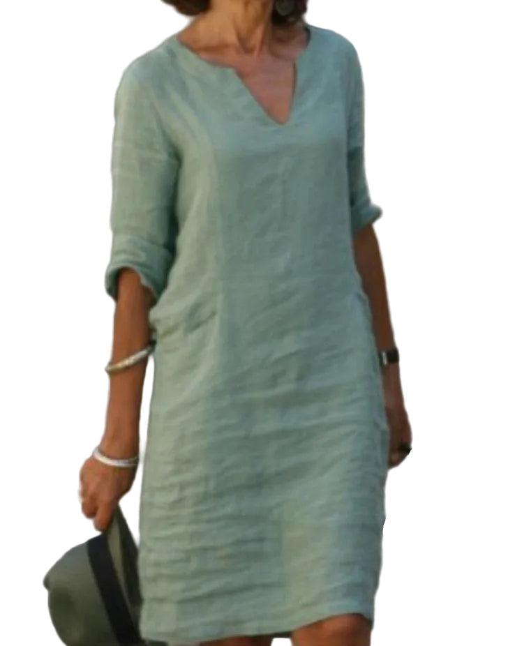Women's Cotton Casual Midi Dress with V-Neck and 3/4 Sleeves for Autumn