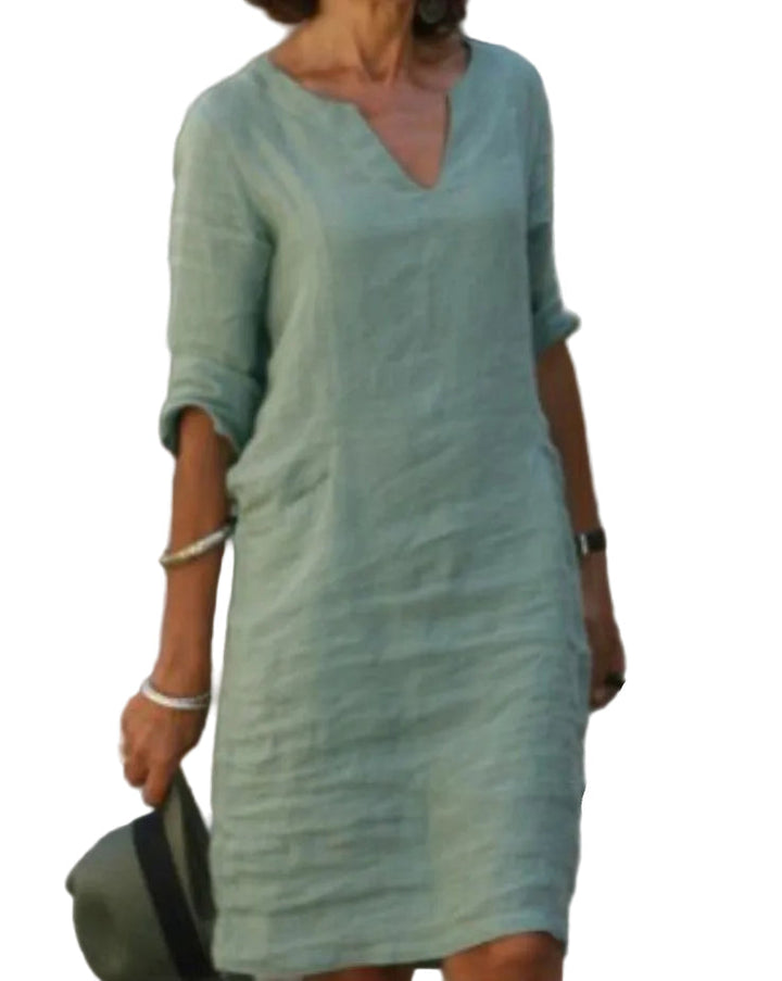 Women's Cotton Casual Midi Dress with V-Neck and 3/4 Sleeves for Autumn