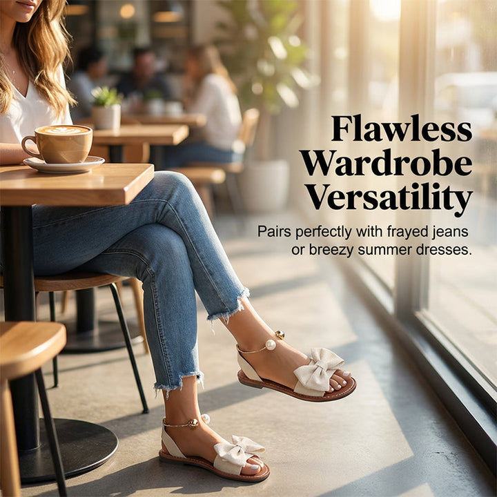 Women's Leather Flat Sandals Autumn Pearl Bow Slingback Sandals
