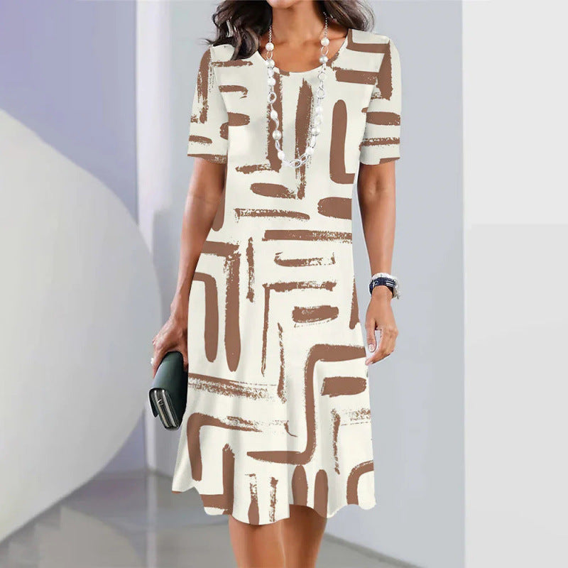 Women's Cotton Blend A-Line Midi Dress Spring Short Sleeve Geometric Print Casual Dress