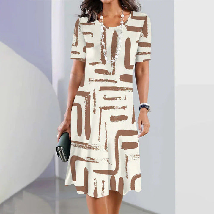 Women's Cotton Blend A-Line Midi Dress Spring Short Sleeve Geometric Print Casual Dress