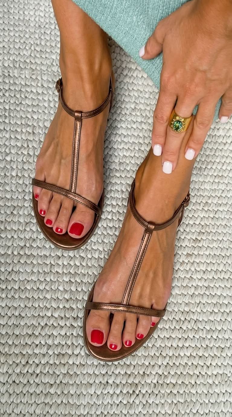 Women's Flat Sandals with Metallic Straps and Back Buckle for Autumn