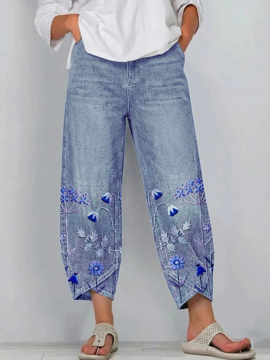 Women's Cotton Denim Pants Autumn Floral Embroidered Straight Jeans