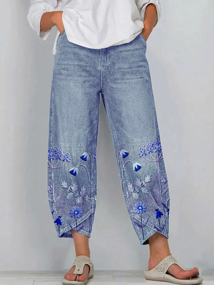 Women's Cotton Denim Pants Autumn Floral Embroidered Straight Jeans