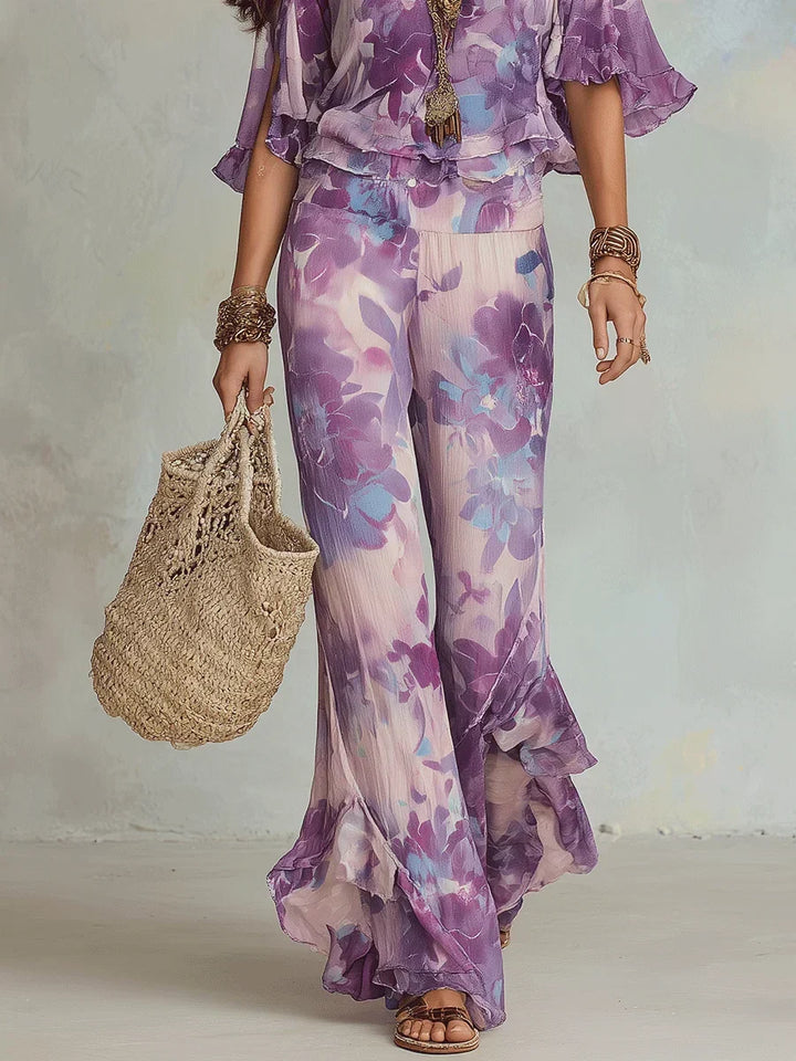 Women's Cotton Two-Piece Set Autumn Floral Top Flared Pants Set