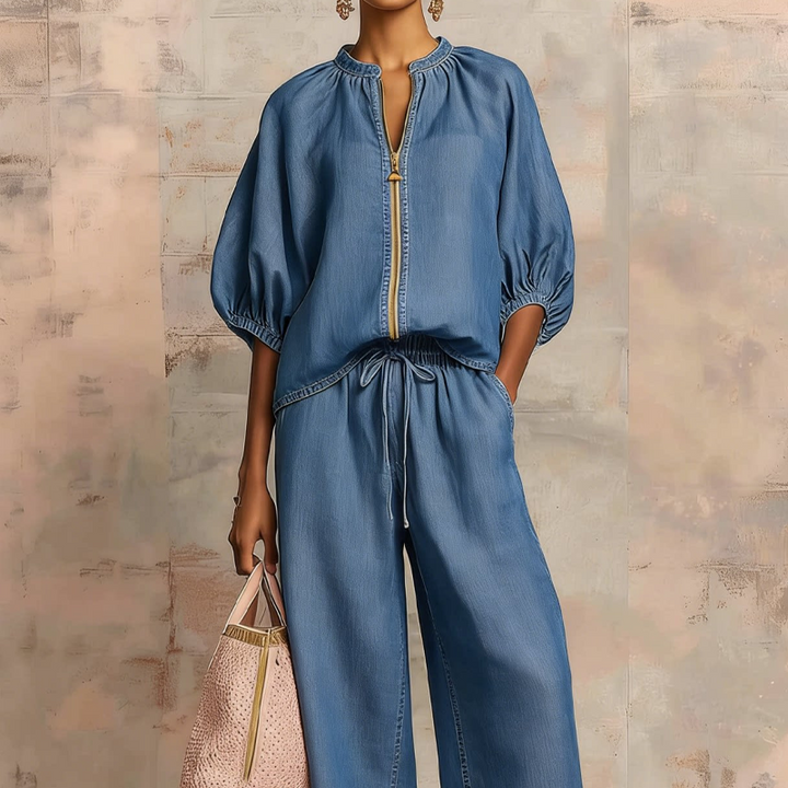 Women's Zip-Up Cotton Two-Piece Set Autumn Wide-Leg Lounge Set