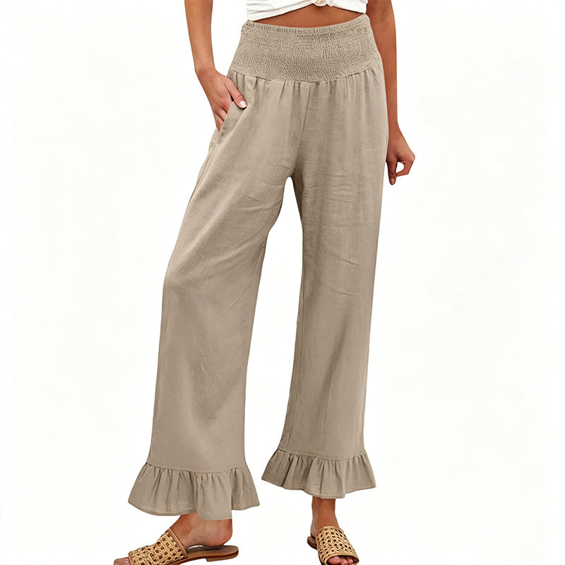 Women's Cotton Linen Wide Leg Pants Spring High Waisted Smocked Ruffle Hem Boho Trousers