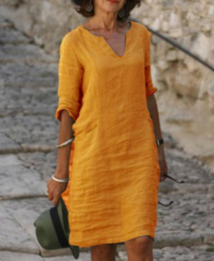 Women's Cotton Casual Midi Dress with V-Neck and 3/4 Sleeves for Autumn
