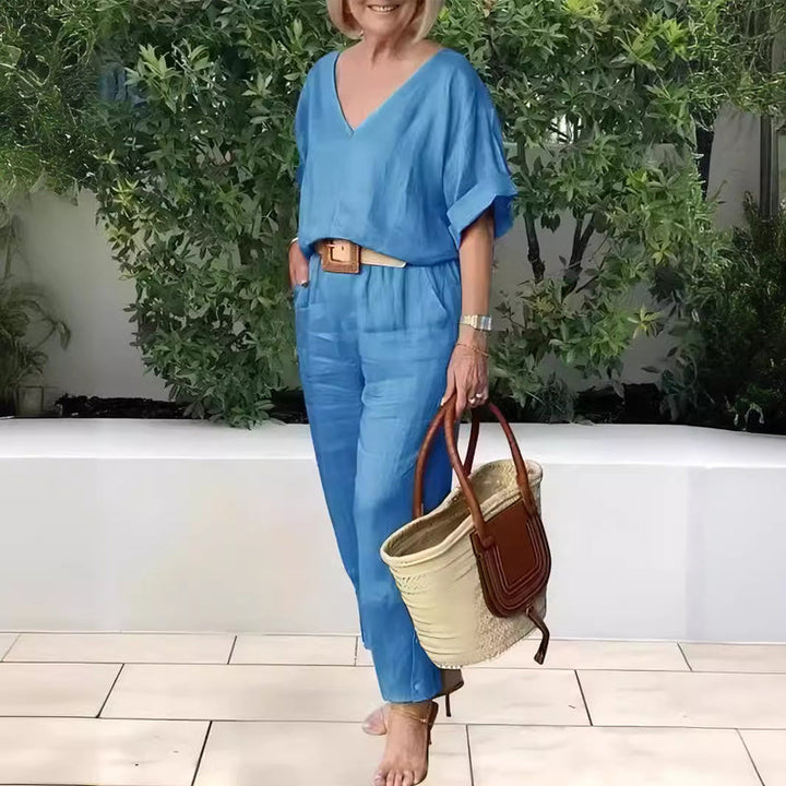 Women's Two Piece Set Spring Linen Look V-Neck Top and Straight Leg Pants Casual Outfit