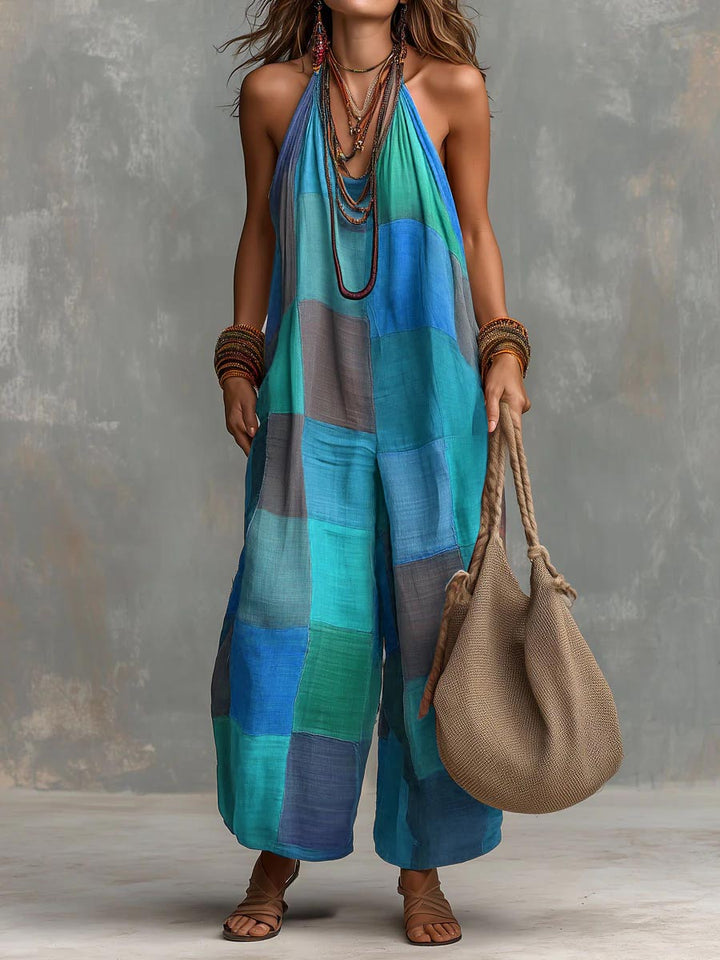 Women's Linen Cotton Patchwork Jumpsuit Autumn Casual Outfit