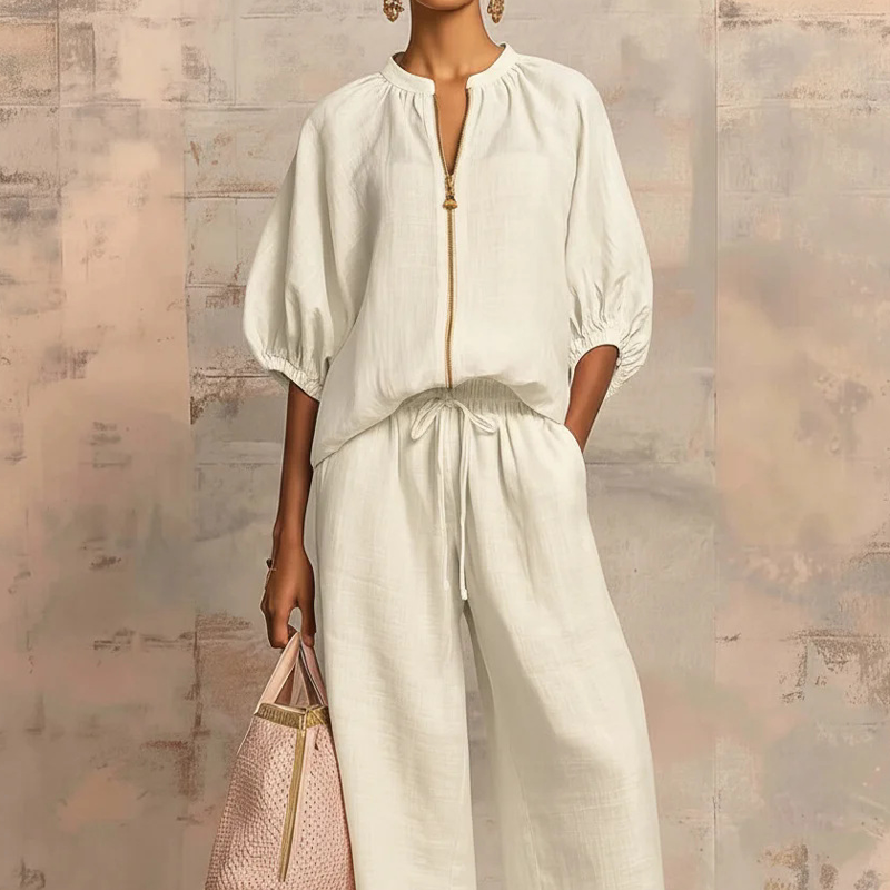 Women's Zip-Up Cotton Two-Piece Set Autumn Wide-Leg Lounge Set