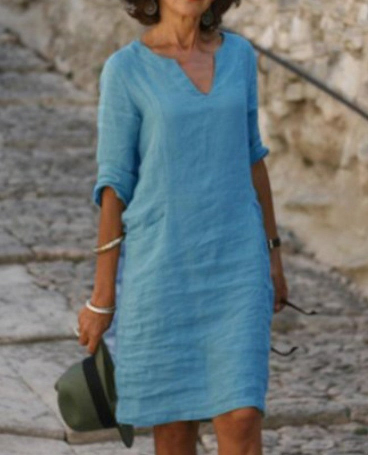 Women's Cotton Casual Midi Dress with V-Neck and 3/4 Sleeves for Autumn
