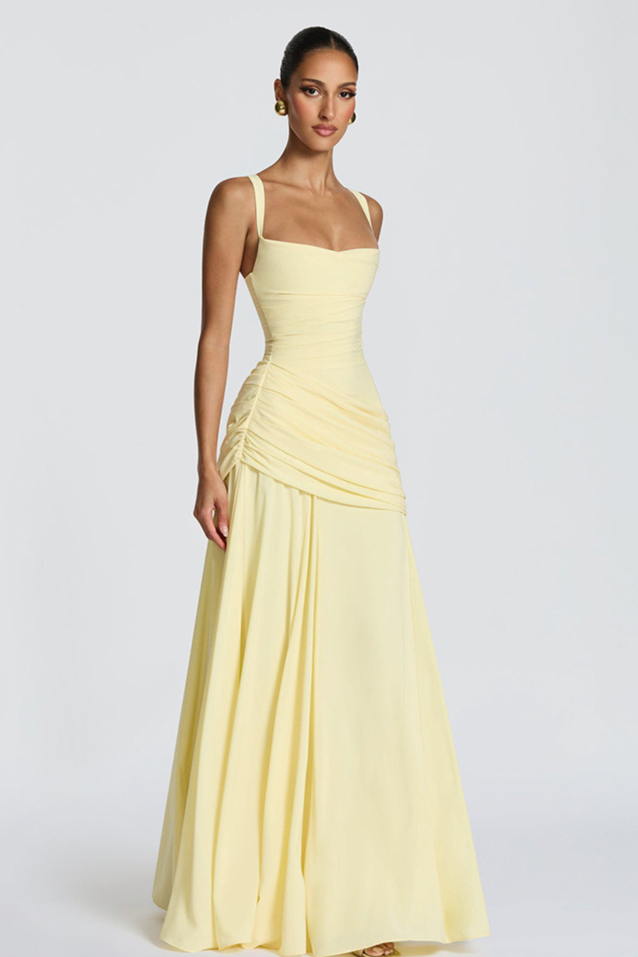 Maxi Dress for Women Fall Evening Dress with Square Neck Draped Waist and Crossed Back