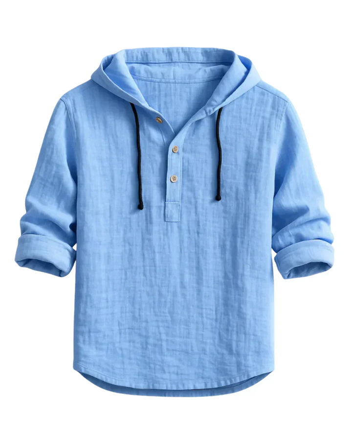 Men's Cotton Linen Hooded Shirt Spring Long Sleeve Henley Hoodie Shirt Casual Beach Top