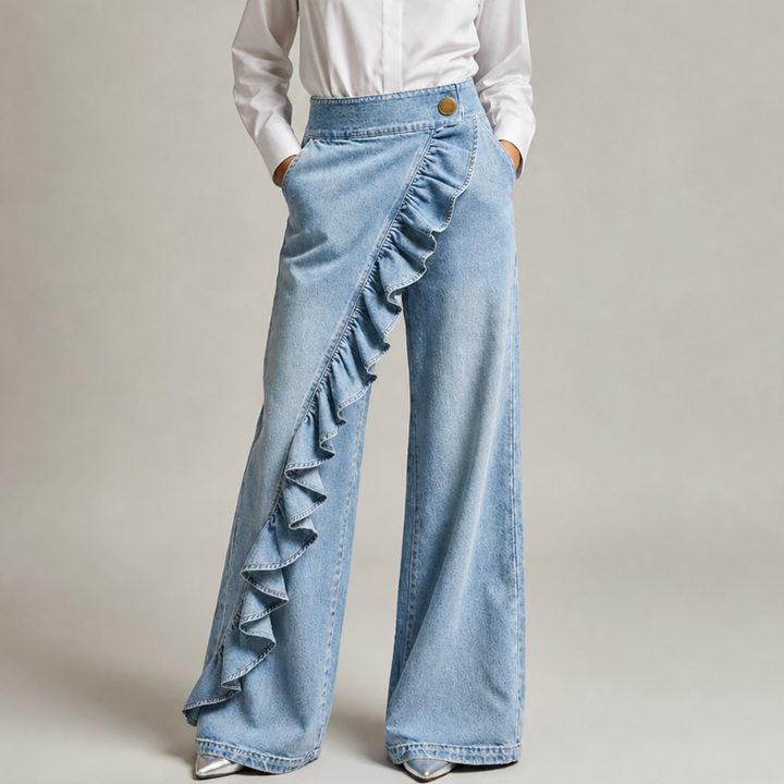 Women's Denim Ruffled Wide-Leg Jeans Autumn High-Waisted Trousers