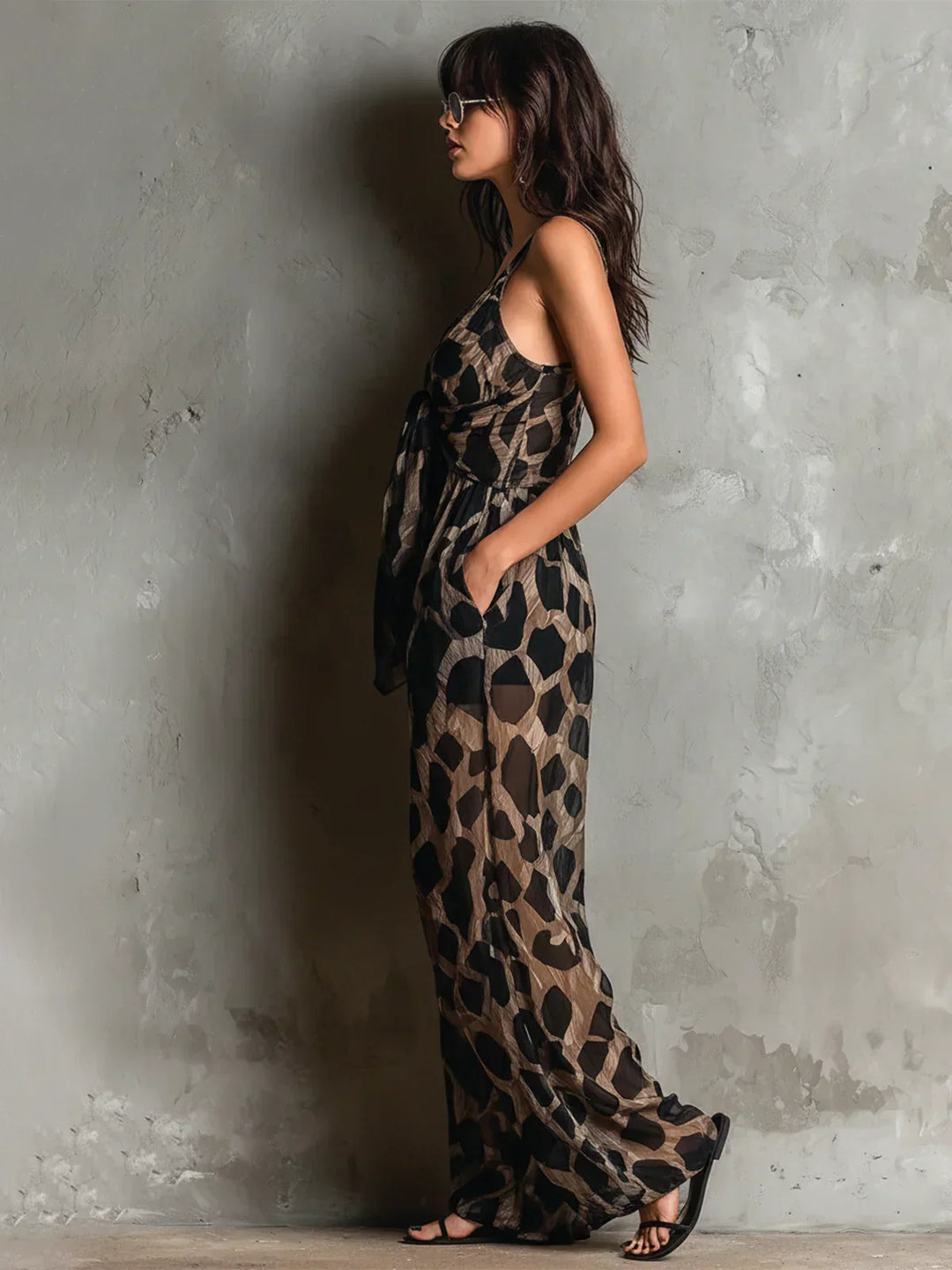Women's Animal Print Wide-Leg Jumpsuit Autumn Layering Jumpsuit