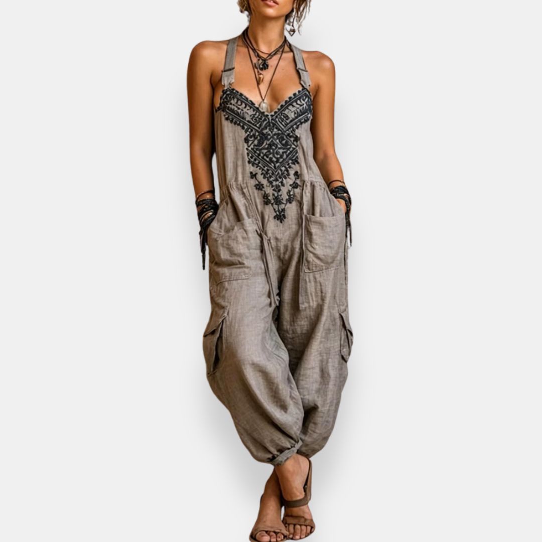 Women's Cotton Embroidered Wide-Leg Jumpsuit Autumn Casual Romper