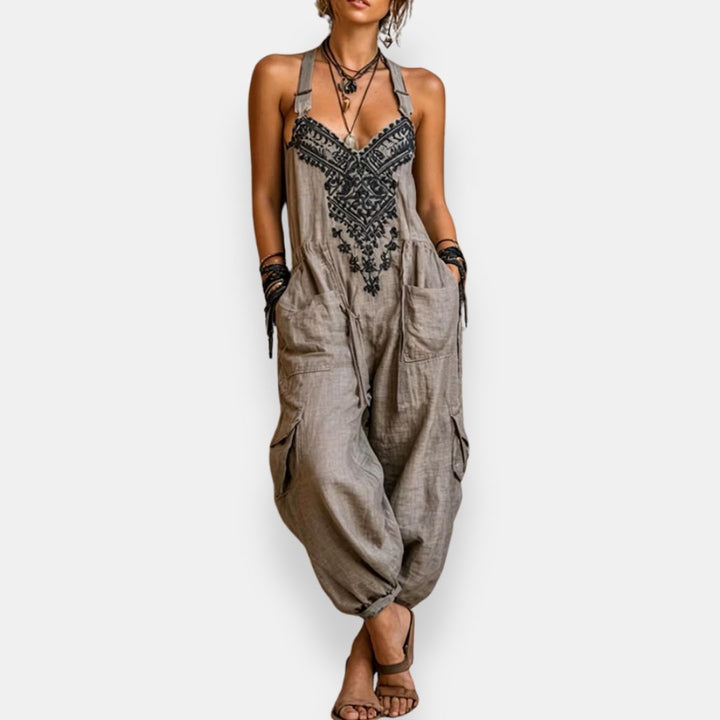 Women's Cotton Embroidered Wide-Leg Jumpsuit Autumn Casual Romper