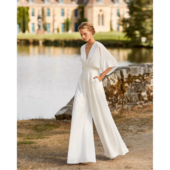 Women's Elegant Wide-Leg Jumpsuit with V-Neck and Loose Sleeves for Autumn