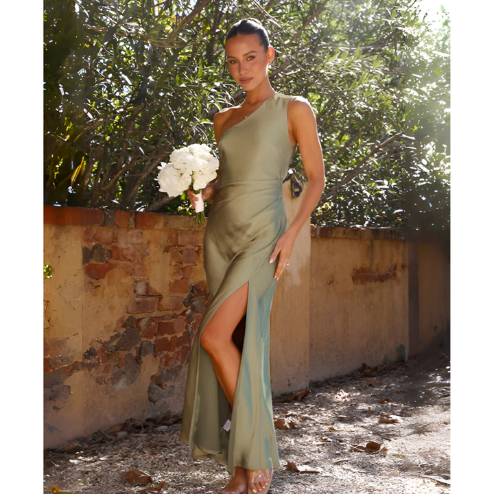 Women's Asymmetrical Maxi Dress with Side Slit, One Shoulder Formal Dress Autumn
