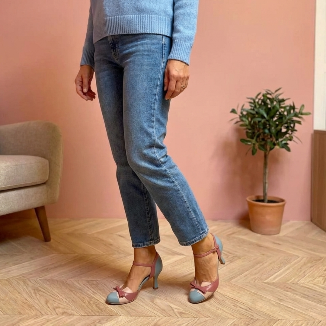 Women's Leather Vintage Block Heel Pumps Autumn Ankle Strap Shoes
