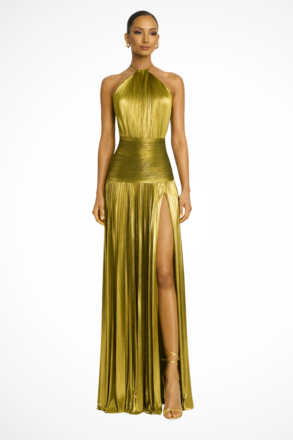 Women's Satin Pleated Maxi Dress with Halter Neck Formal Evening Autumn