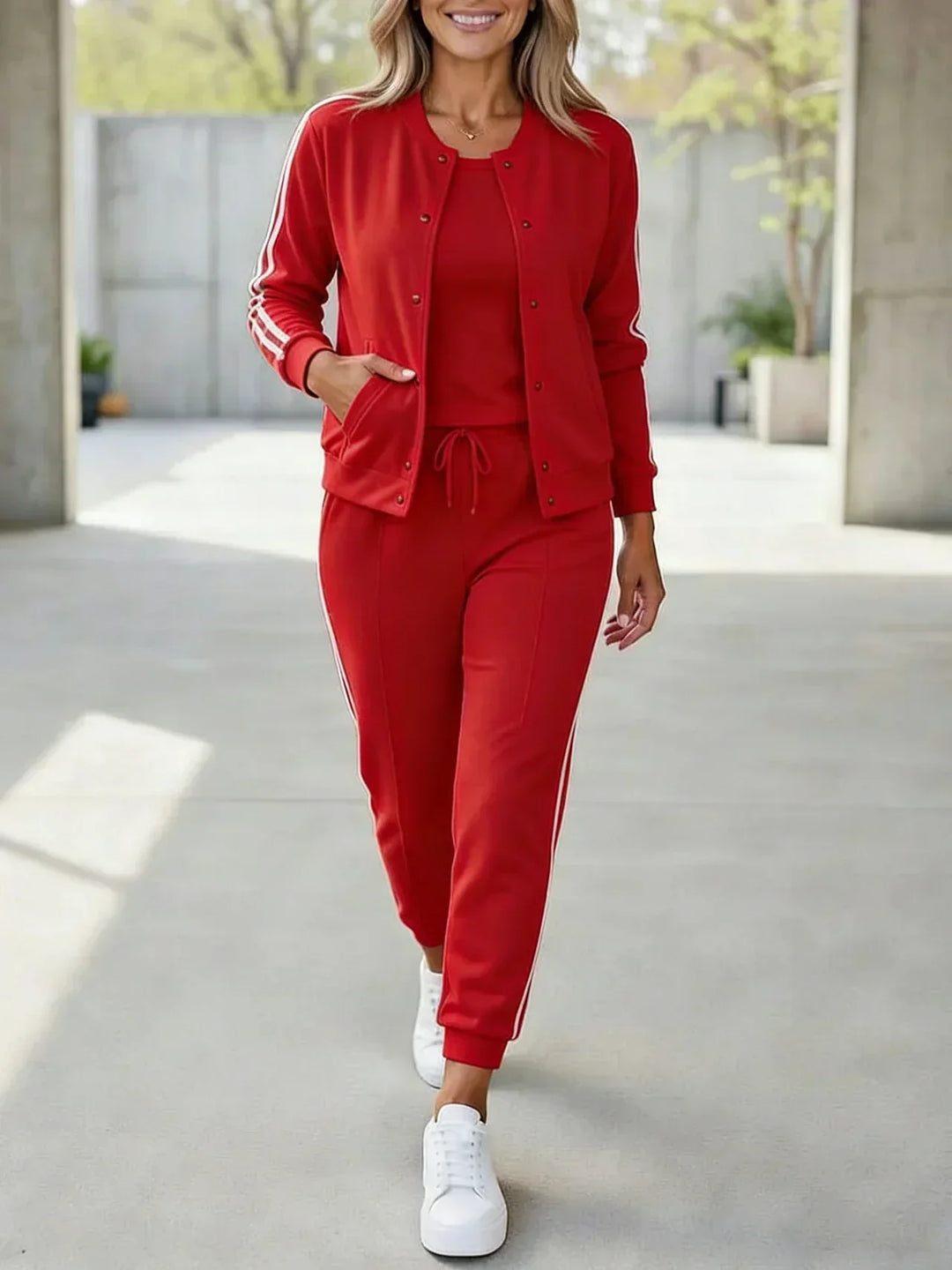 Women's Fleece Striped 3-Piece Tracksuit Set Autumn Casual Outfit