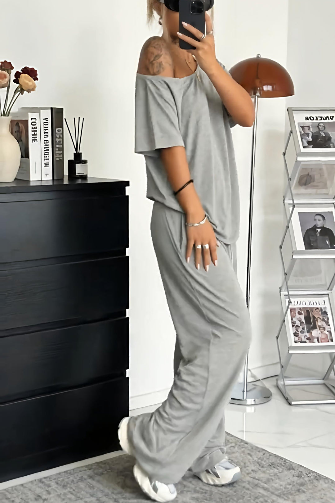 Women's Two Piece Lounge Set Spring Off Shoulder Top and Wide Leg Pants Casual Outfit Set