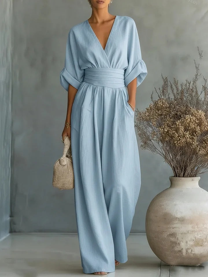 Women's Wide-Leg V-Neck Jumpsuit Autumn Formal Outfit