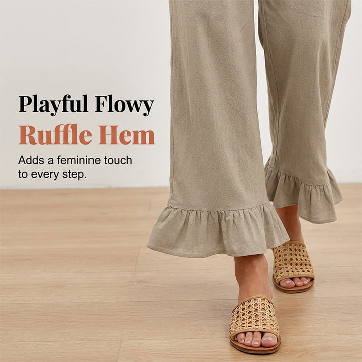 Women's Cotton Linen Wide Leg Pants Spring High Waisted Smocked Ruffle Hem Boho Trousers