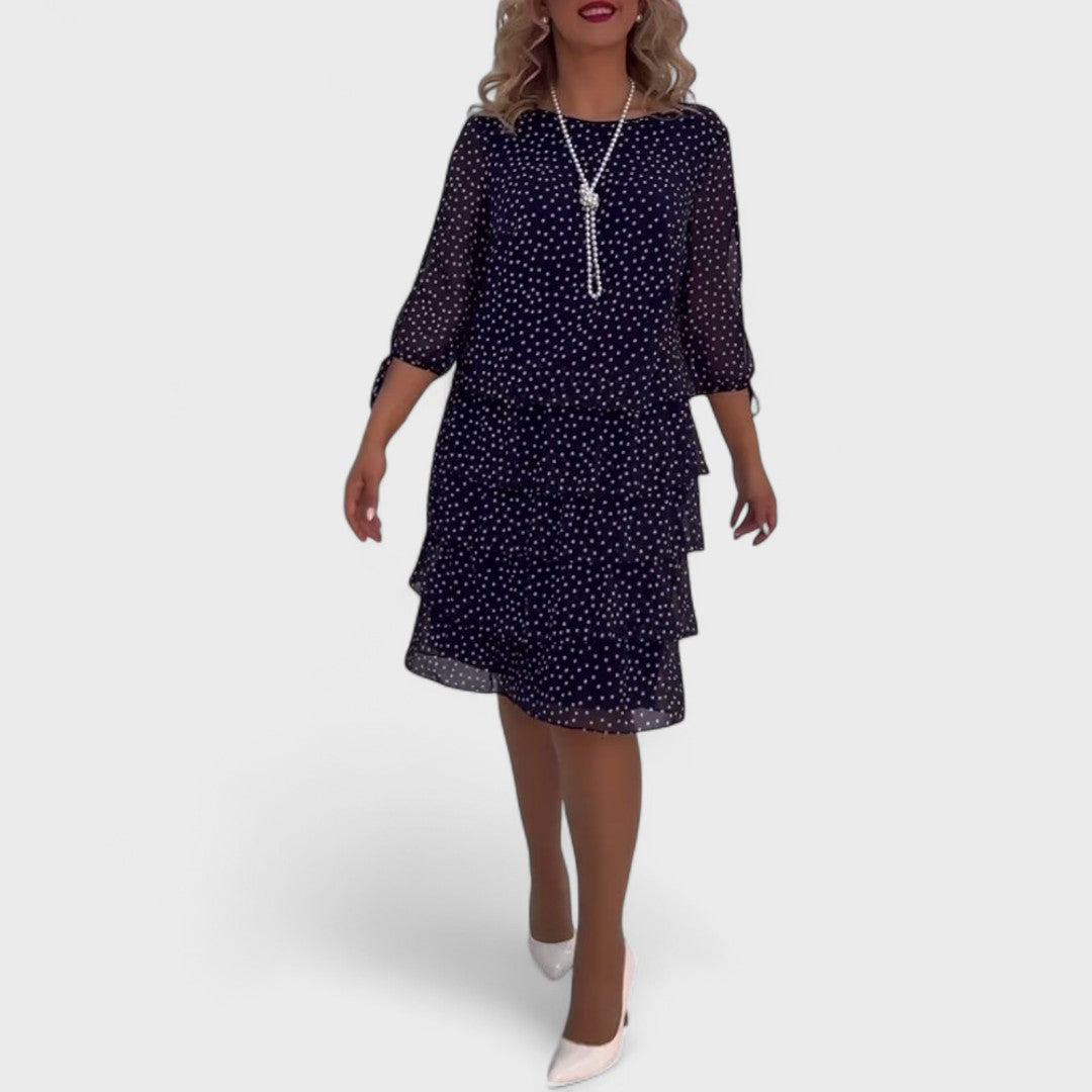 Women's Knit Polka Dot 3/4 Sleeve Midi Dress Autumn Casual Outfit