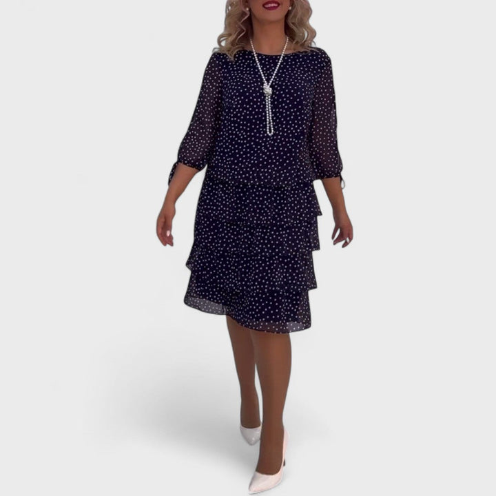Women's Knit Polka Dot 3/4 Sleeve Midi Dress Autumn Casual Outfit