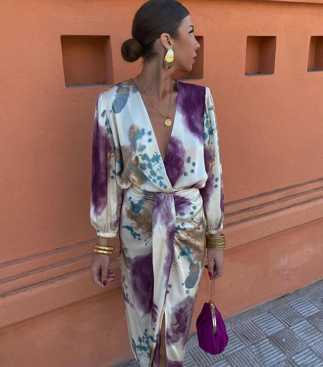 Women's Belted V-Neck Midi Wrap Dress Autumn Casual Outfit